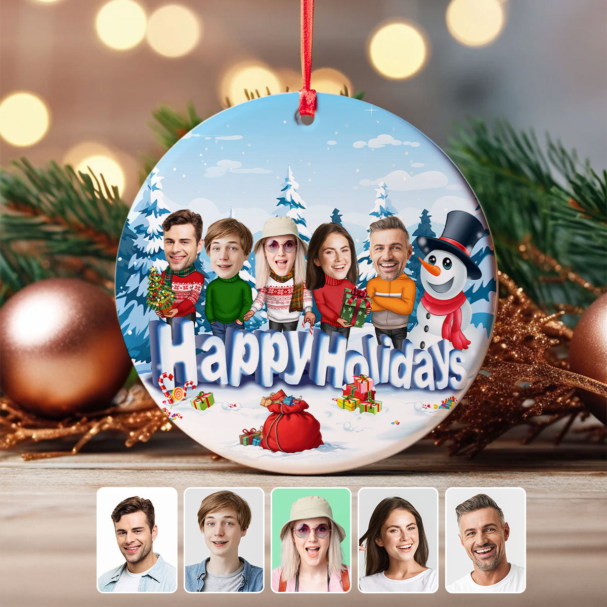 Happy Holiday Funny Family, Custom Photo Ornament, Personalized Family Photo Circle Ceramic Christmas Ornament, Family Keepsake