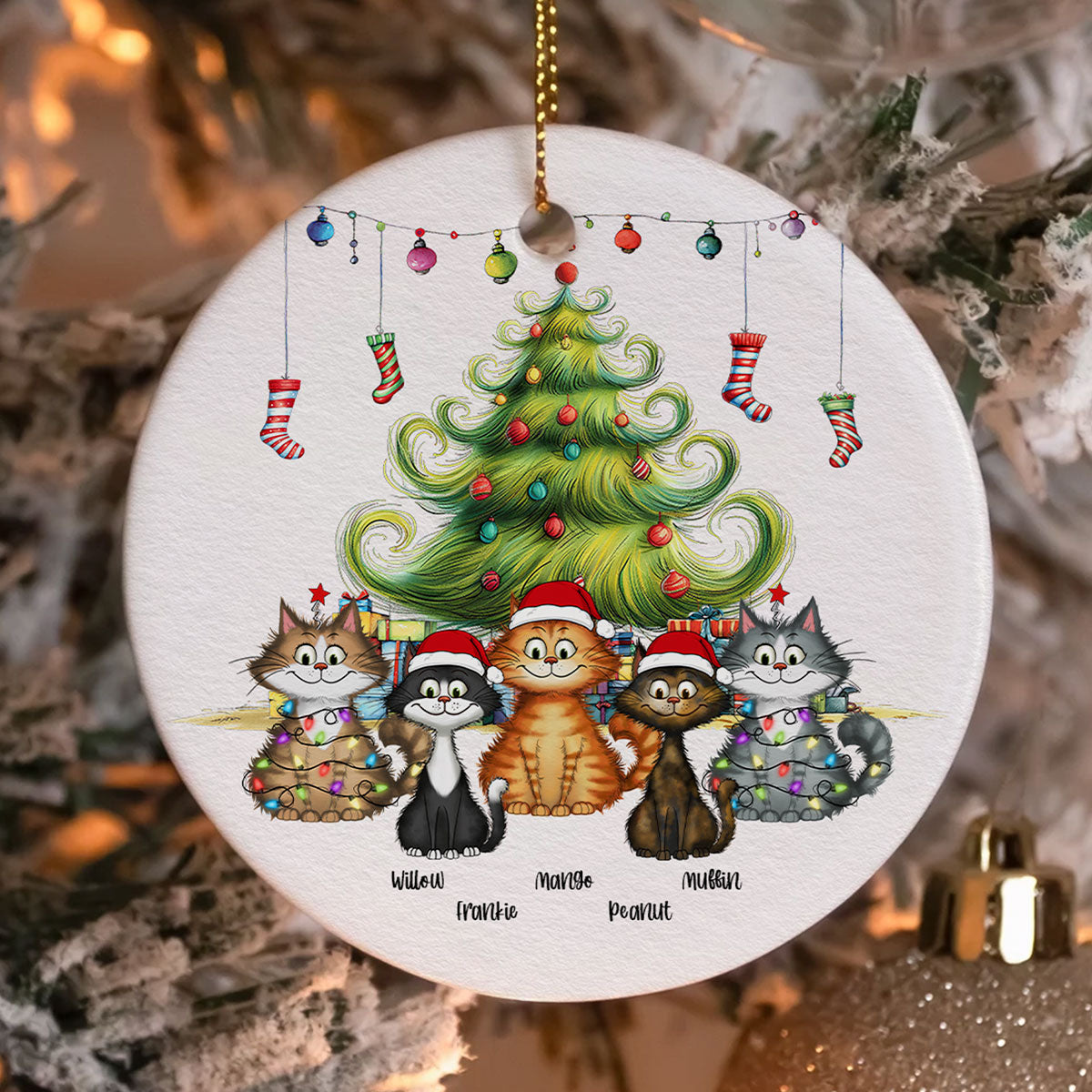 Quirky Christmas Tree Cats Whimsical Personalized Circle Ceramic Ornament