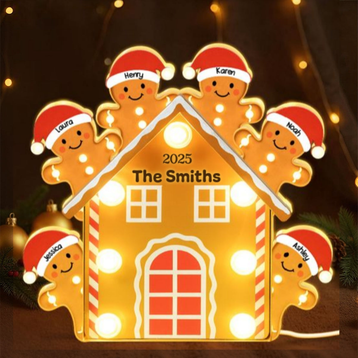 Gingerbread House Family Marquee Effect Personalized LED Light Box, Christmas Decoration