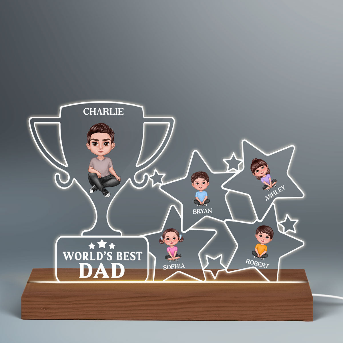 World‘s Best Dad Trophy And Stars Personalized Warm Acrylic Custom Shape LED Night Light