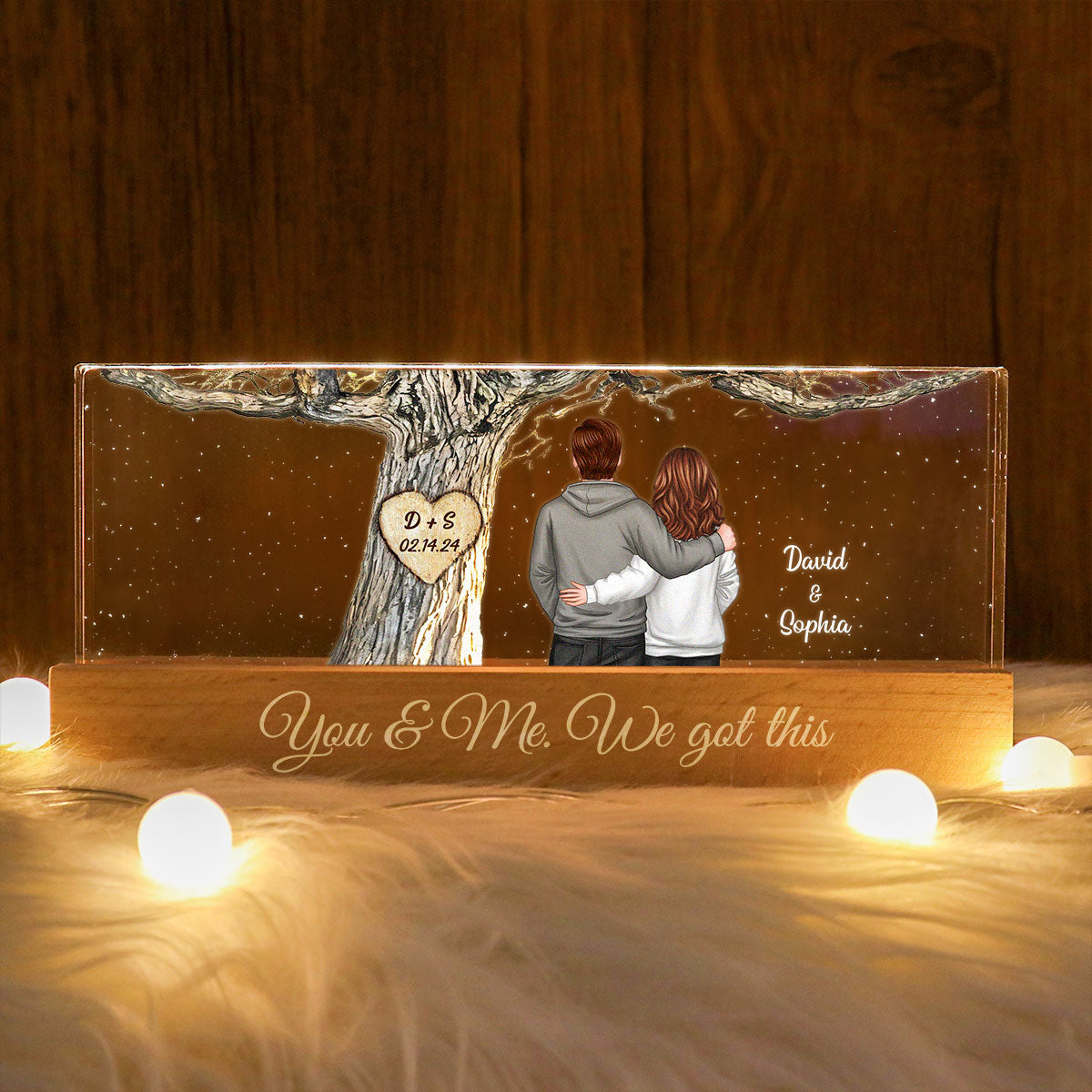 Couple Back View Engraved Tree Personalized Acrylic Block LED Night Light,  Gift, Anniversary Gift for Him for Her