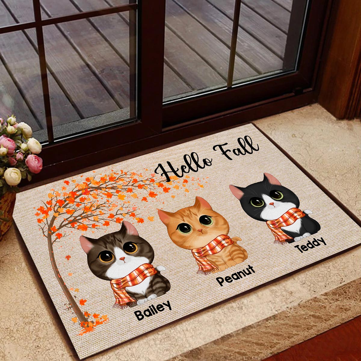 Fall Season Watercolor Cute Cats Under Tree Personalized Doormat