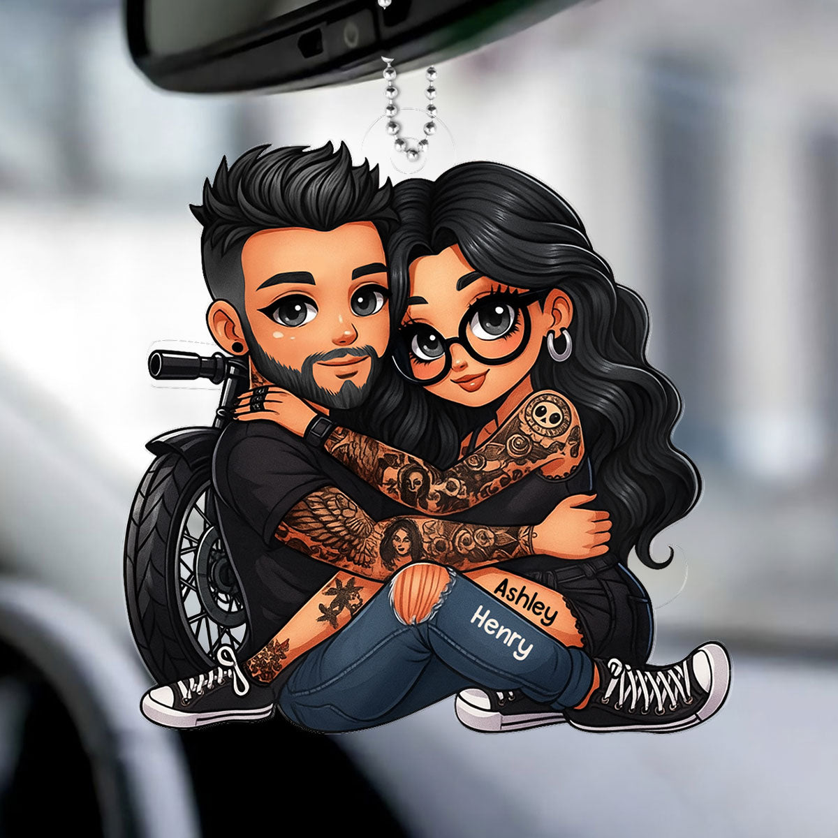 Biker 3D Cartoon Effect Couple Personalized Acrylic Car Ornament, Gift for her, Gift for him, Motorcycle Lovers