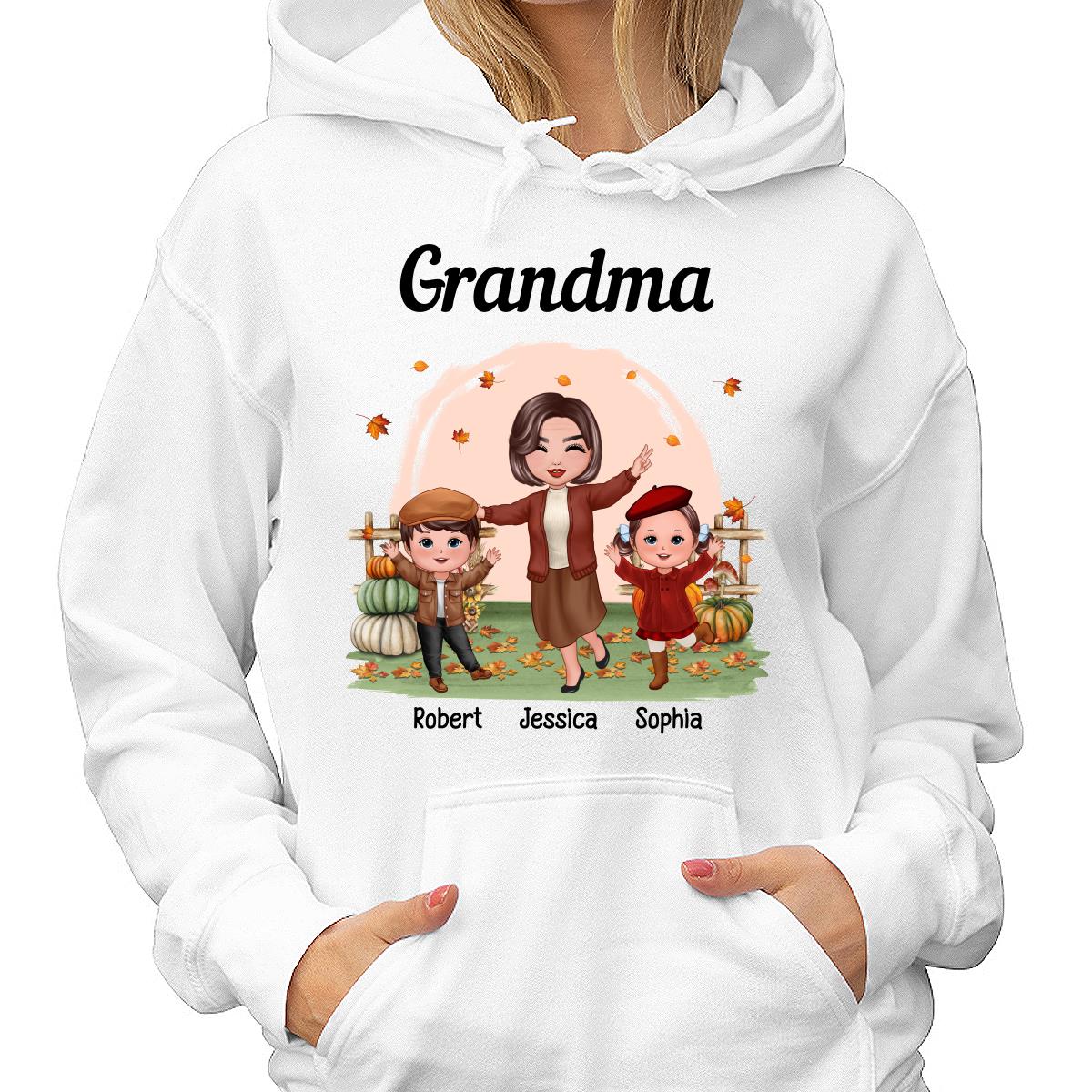 Fall Season Happy Doll Grandma And Grandkids In The Pumpkin Patch Personalized Shirt