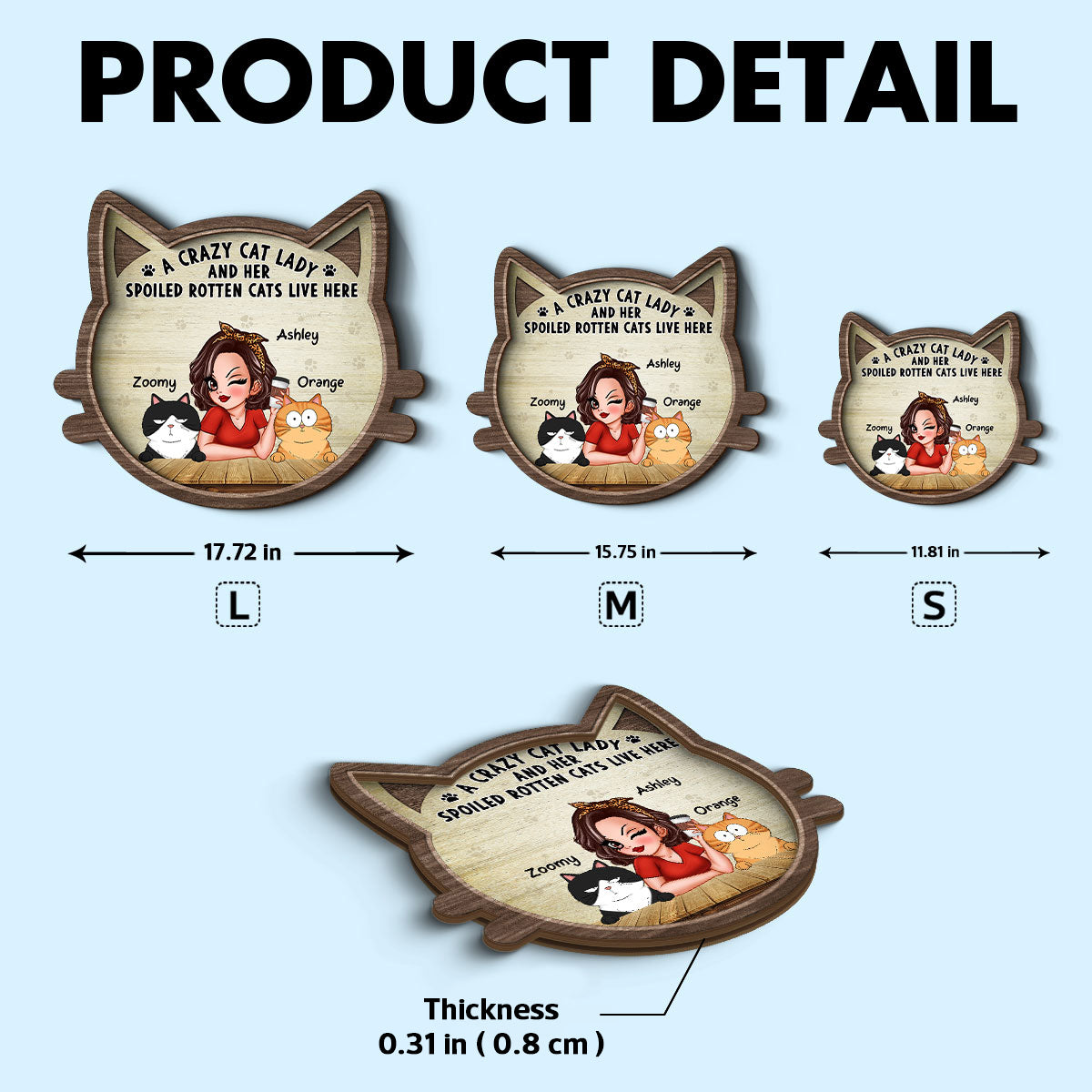 Crazy Cat Lady And Spoiled Rotten Cats Personalized 2-Layer Wood Sign