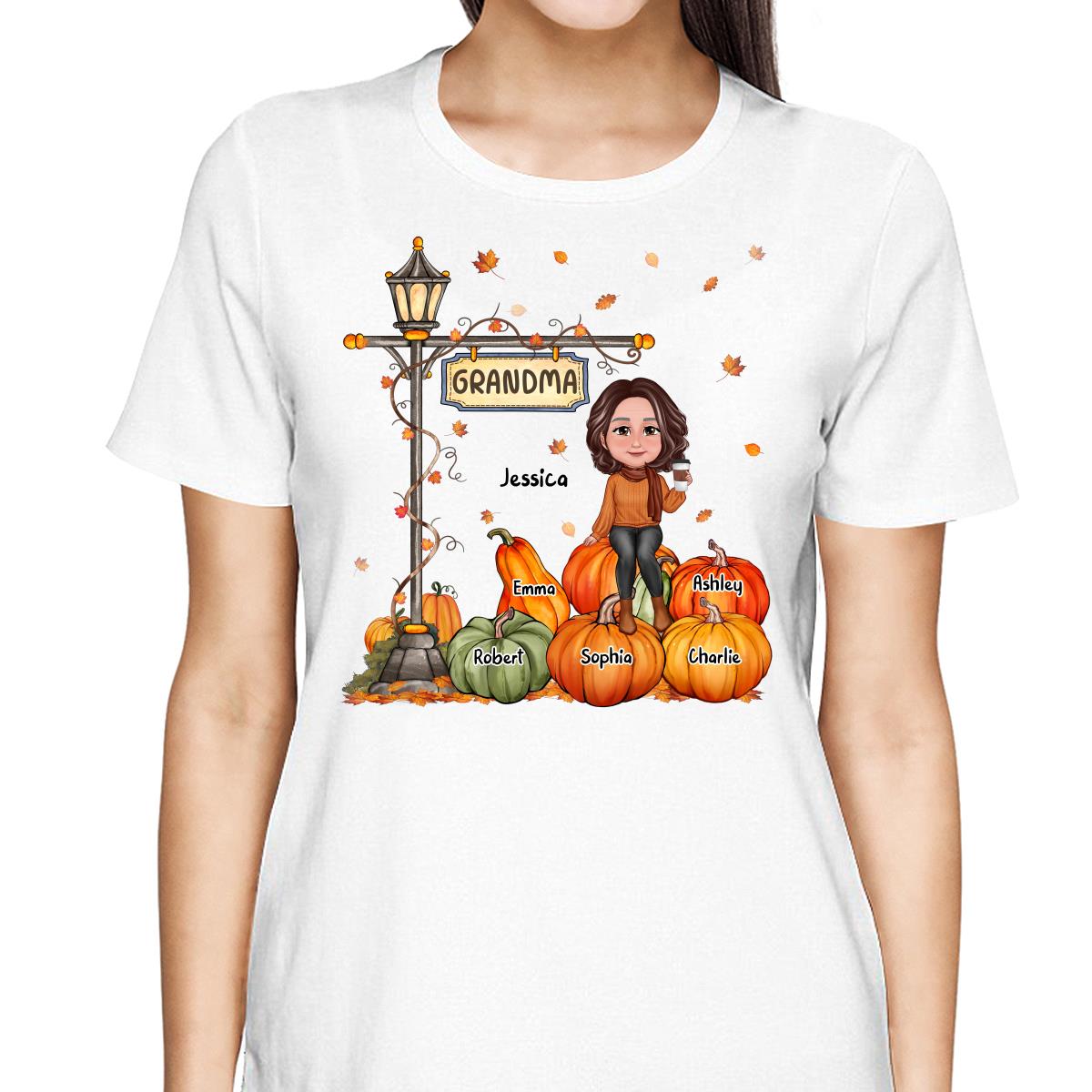 Grandma Mom Sitting On Pumpkin Under Lamp Post Fall Season Personalized Shirt