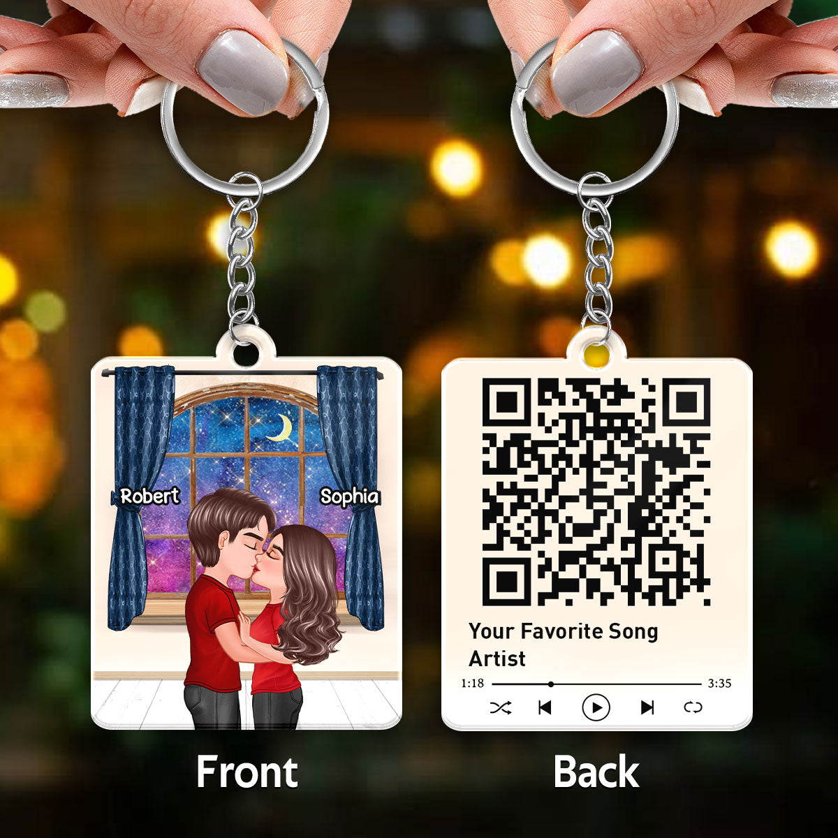 Doll Couple Kissing In House Moon Window Favorite Song QR Code Personalized Acrylic Keychain