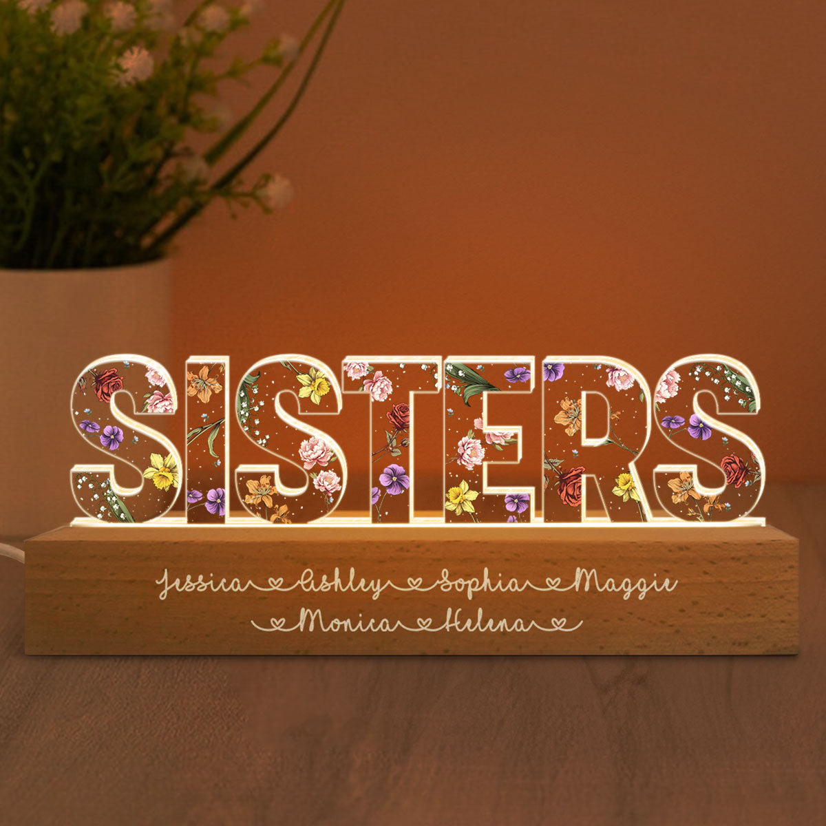 Sisters Birth Month Flower Personalized Acrylic LED Night Light, Birthday Christmas Gift For Sisters