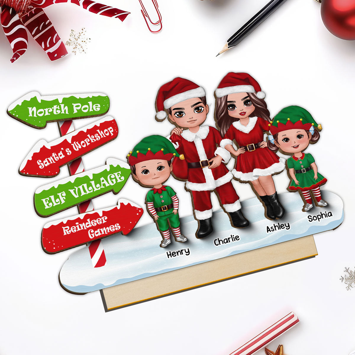 North Pole Sign Santa ELF Family Christmas Personalized 2-Layer Standing Wooden Plaque