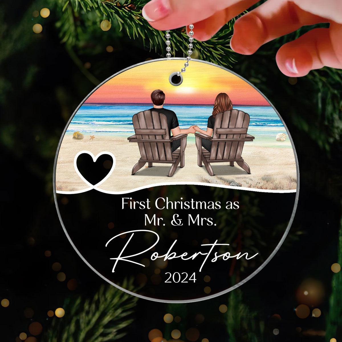 First Christmas Couple Sitting At Beach Personalized Acrylic Ornament for Wedding, Christmas Gift, Wedding Keepsake Gifts