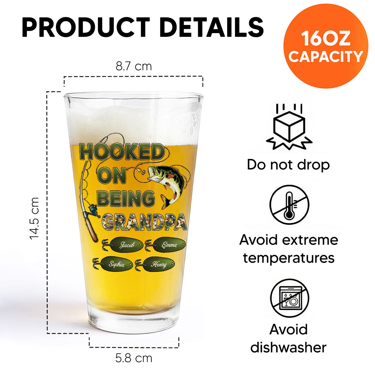 Hook On Being Grandpa Fishing Camouflage Personalized Beer Glass
