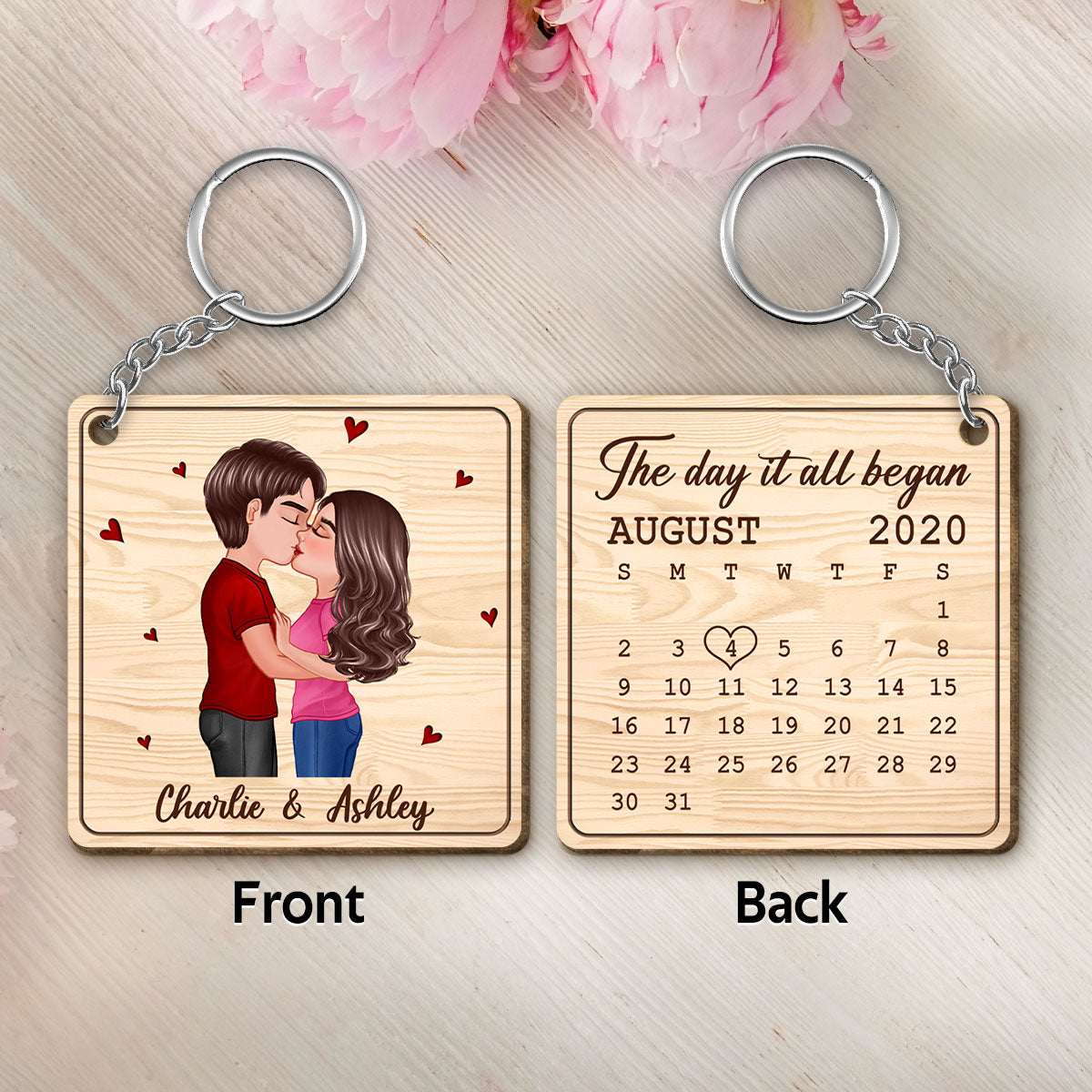 Doll Couple Kissing Calendar Anniversary Date Personalized Wooden Keychain