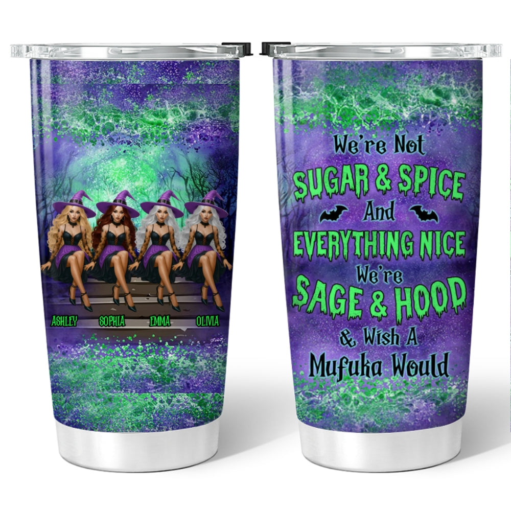 Personalized Witch Besties Tumbler – Sage & Hood, Not Sugar & Spice – Funny Halloween Gift for Best Friends