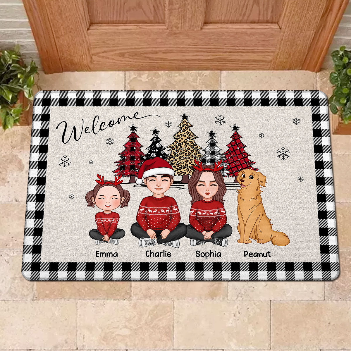 Leopard Checkered Pattern Christmas Tree Cute Family Dad Mom Kids Dogs Cats Personalized Doormat