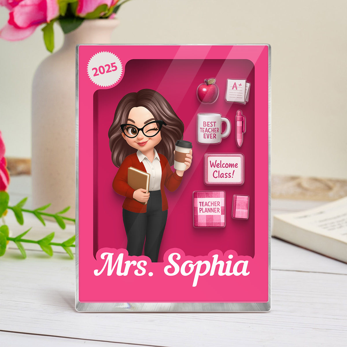 Pretty Teacher 3D Effect Toy Box Action Figure Personalized Acrylic Block, Back To School gift for Teachers