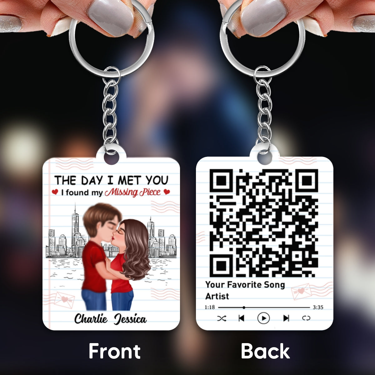 Skyline Paper Doll Couple Kissing Found My Missing Piece Favorite Song Scannable QR Code Personalized Acrylic Keychain