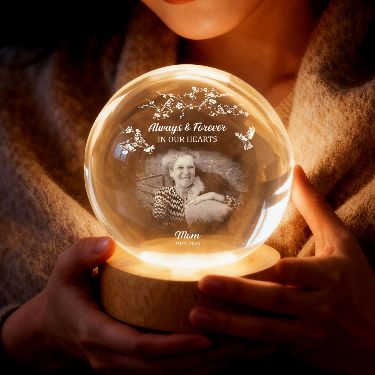 Always and Forever in Our Hearts - Personalized Crystal Ball LED Night Light - Heartfelt Memorial Keepsake, Memorial Gift For Loss Of Father, Mom