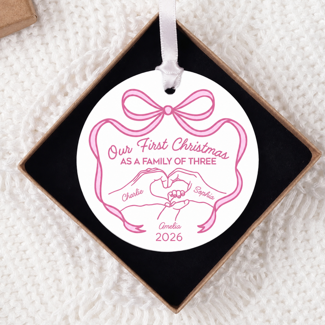 Family Heart Hand First Christmas As Family Of Three Christmas Personalized Ceramic Ornament