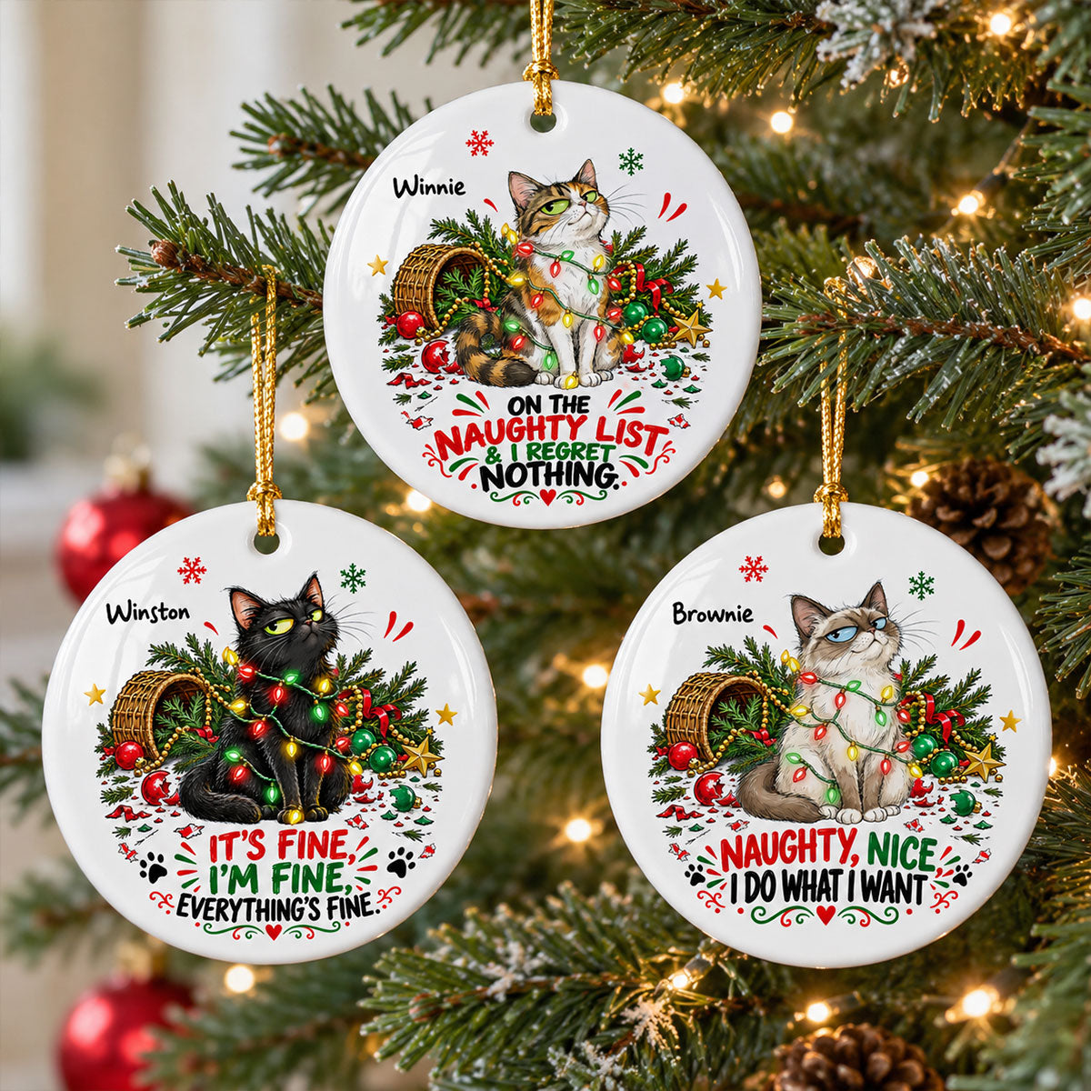 Everything Is Fine Bossy Cat Portrait From Your Photo - Personalized Ceramic Ornament - Funny Christmas Tree Decor For Cat Lovers