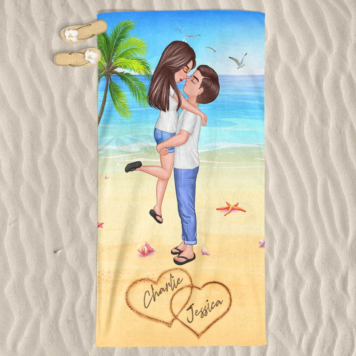 Summer Doll Couple Kissing Hugging Personalized Beach Towel