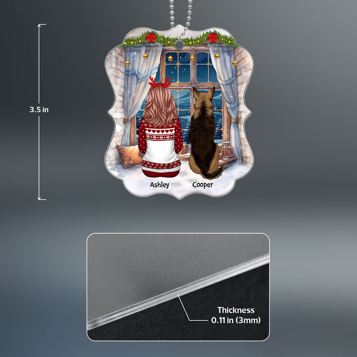 Girl & Dog Cat Sitting At Christmas Window Personalized Acrylic Ornament