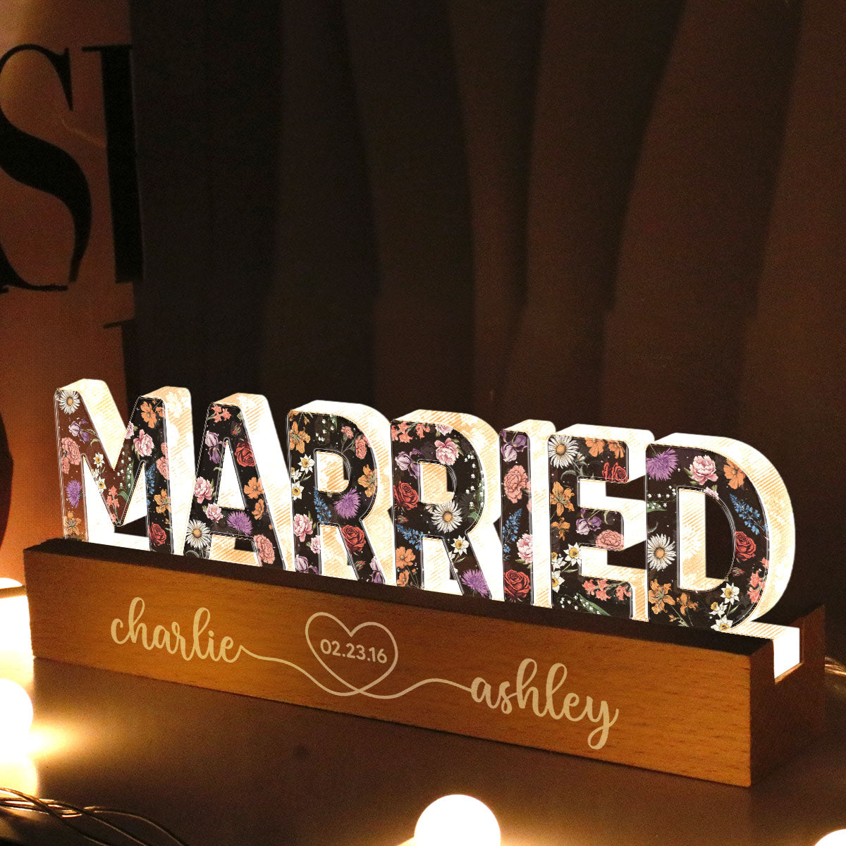 Personalized Couple Wedding Married Floral Theme Anniversary Gift Acrylic Block LED Night Light, Heartfelt 2025  Gift, For Him, For Her, For Husband, For Wife