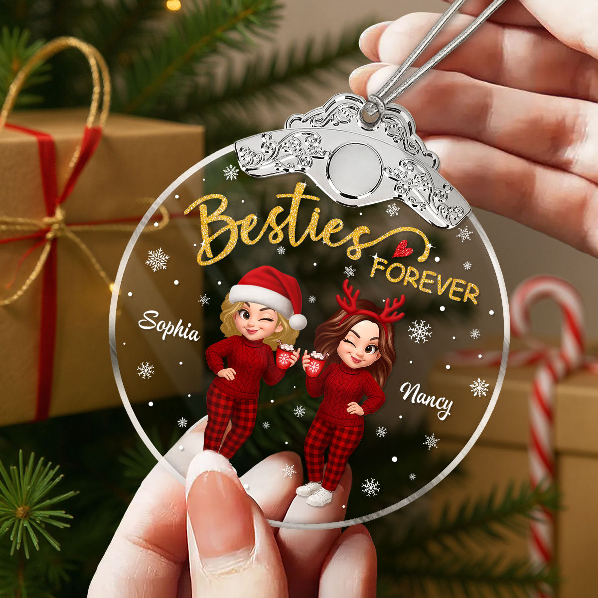 Christmas Pretty Besties Forever Together - Personalized Glass Ornament With Silver Cap