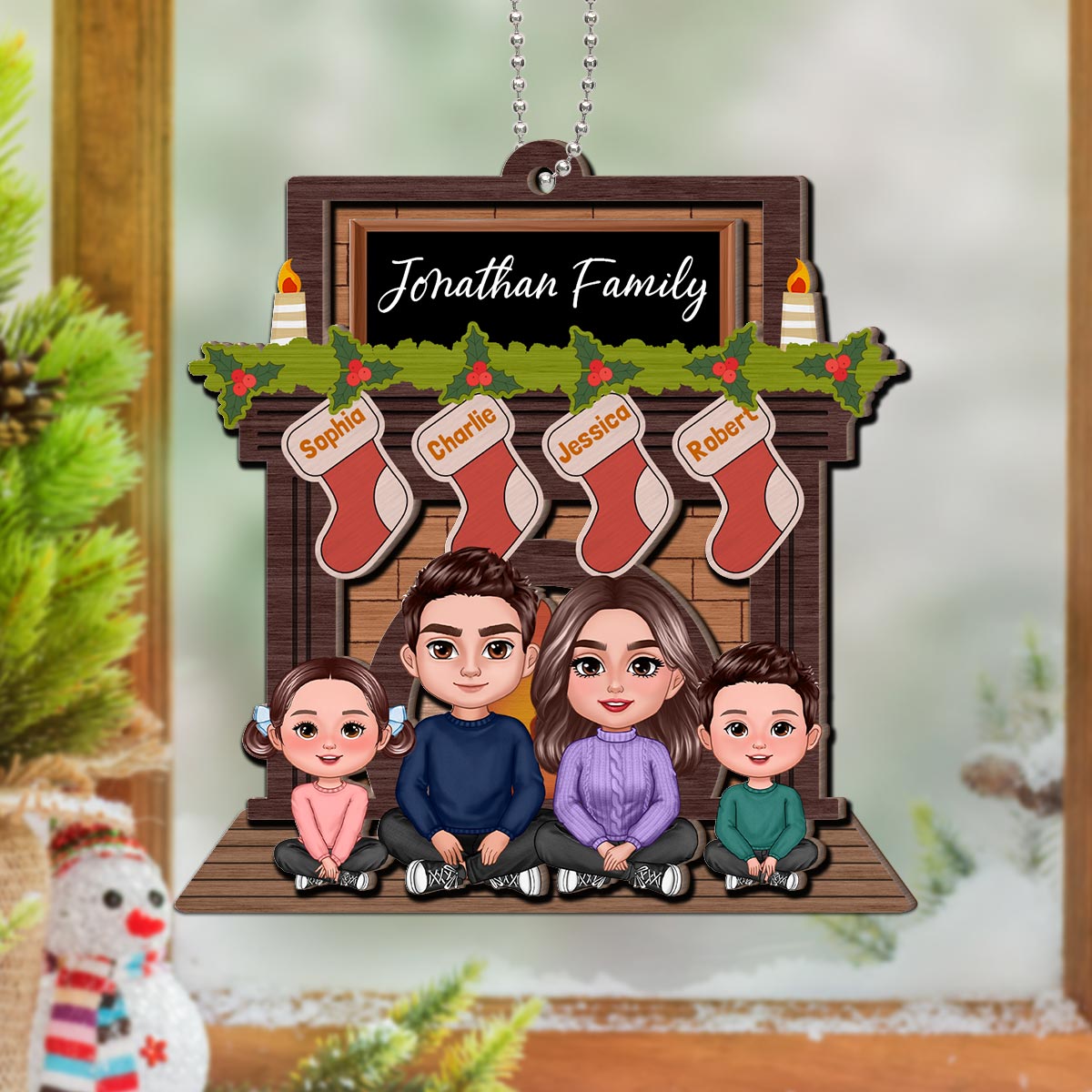 Whole Family Sitting At Christmas Fireplace Personalized 2-Layer Wooden Ornament