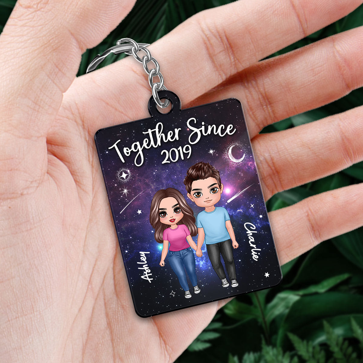 Doll Couple Standing In Galaxy Night Favorite Song Scannable QR Code Personalized Acrylic Keychain