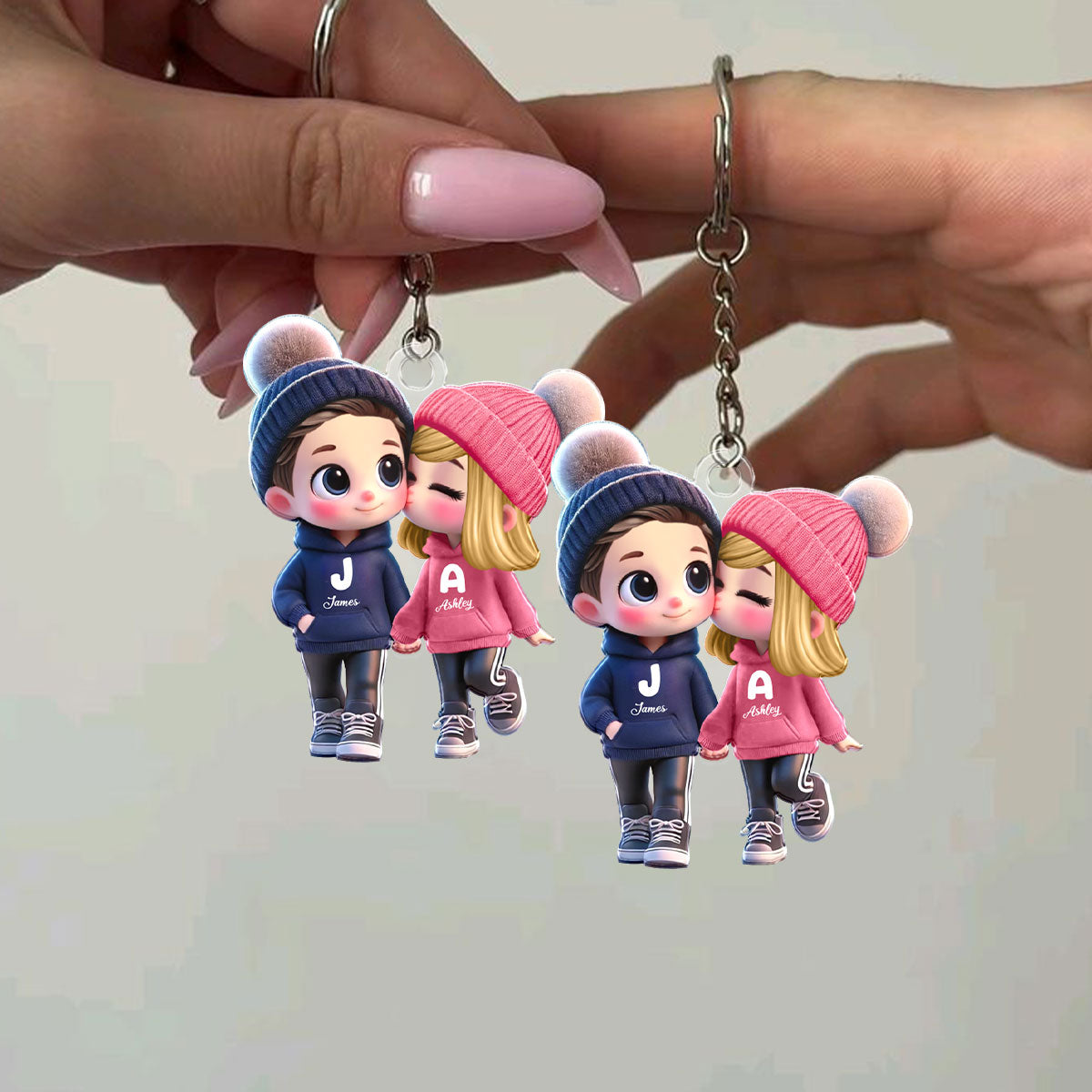 3D Effect Cute Cartoon Couple Walking - Personalized Acrylic Keychain - Unique Valentine's Day Gift For Him, Gift For Her