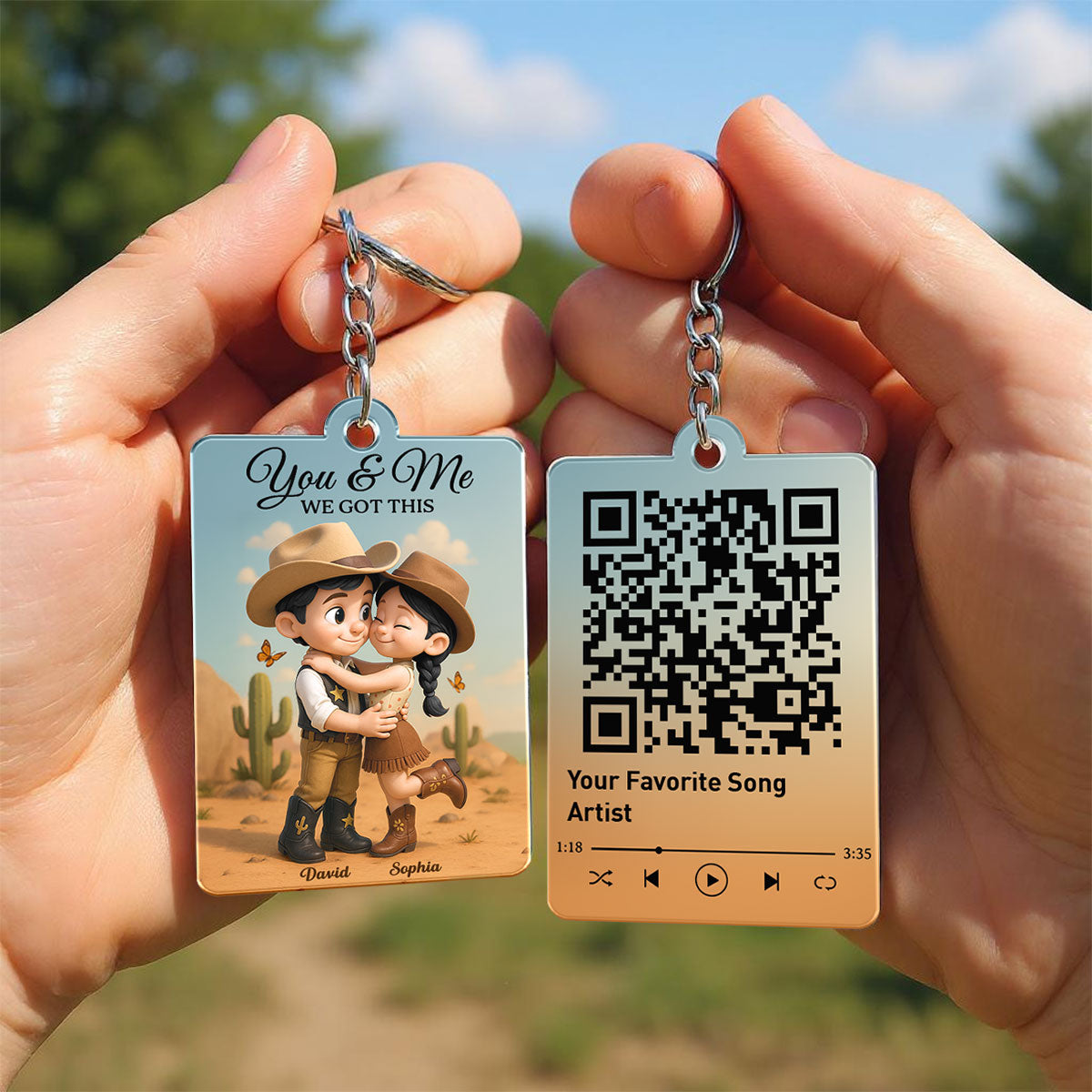 Cartoon Style Countryside Couple Cowboy Cowgirl Favorite Song QR Code Personalized Acrylic Keychain