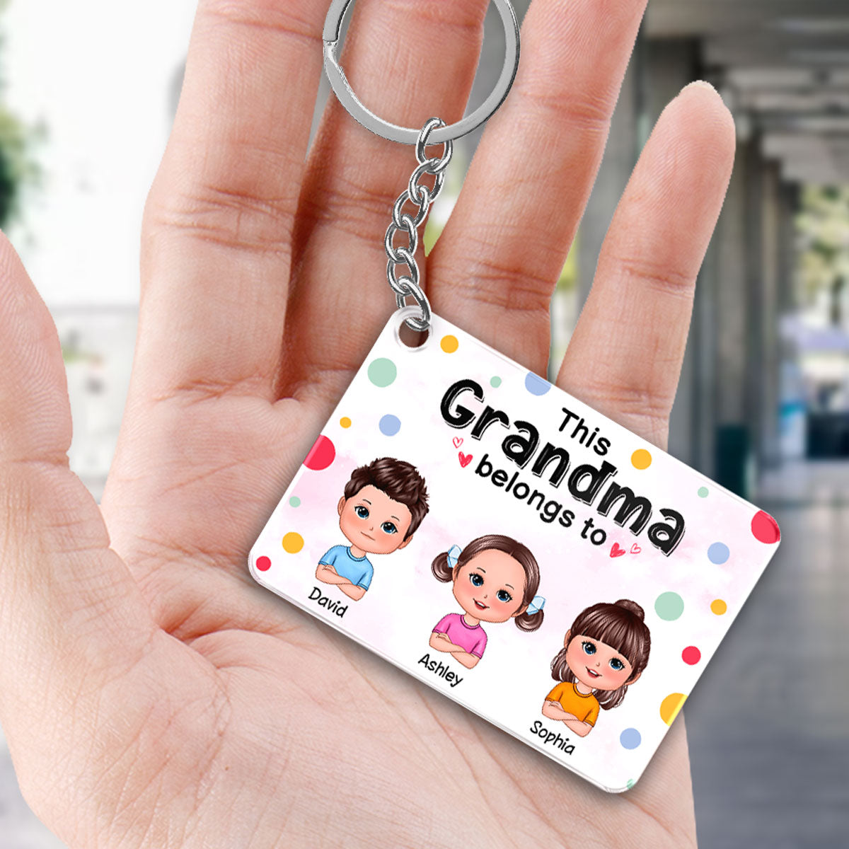 This Grandma Mom Belongs To Cute Doll Kids Watercolor Colorful Dot Personalized Acrylic Keychain