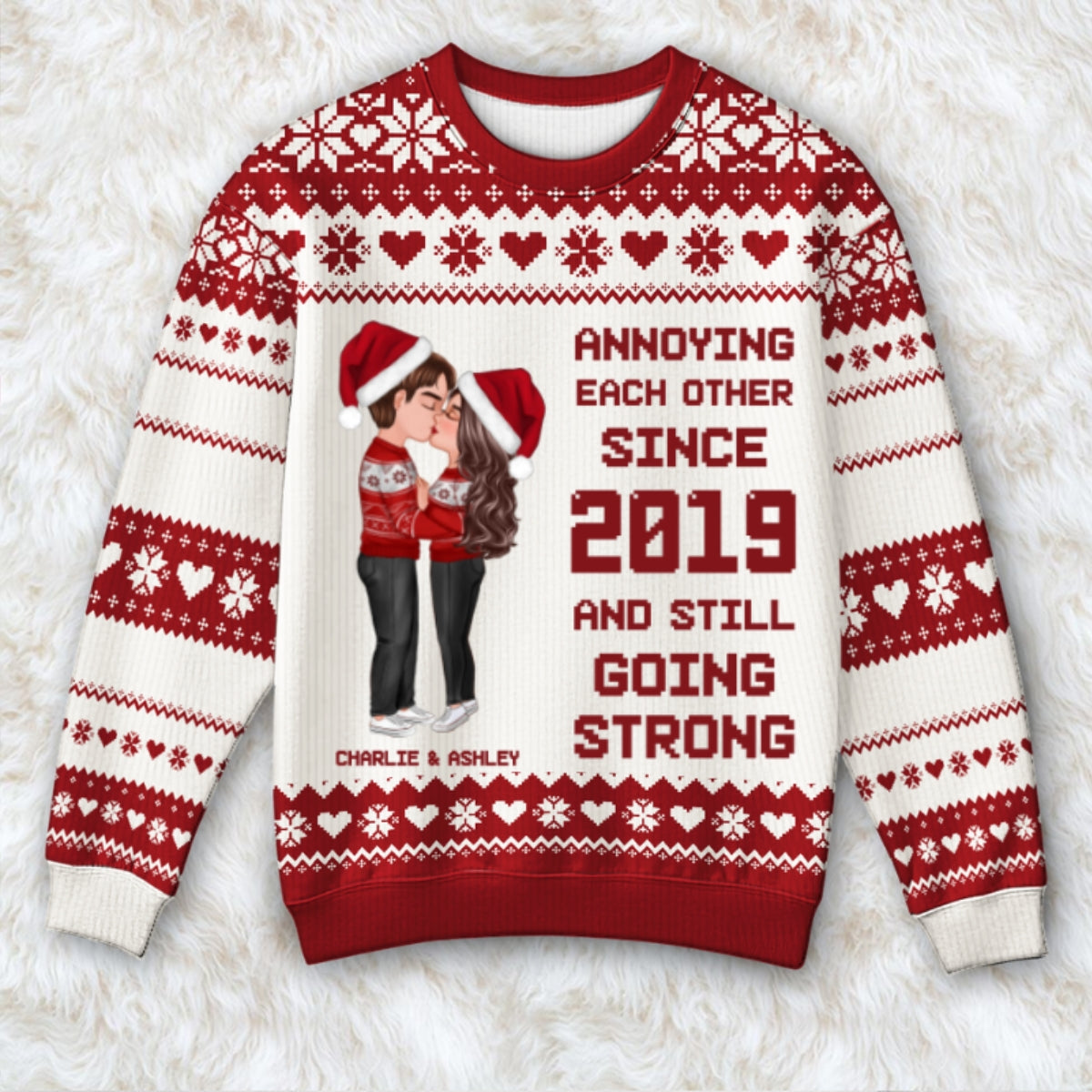 Christmas Hugging Kissing Couple Personalized Faux Knitting Ugly Sweater, Gift For Him, For Her