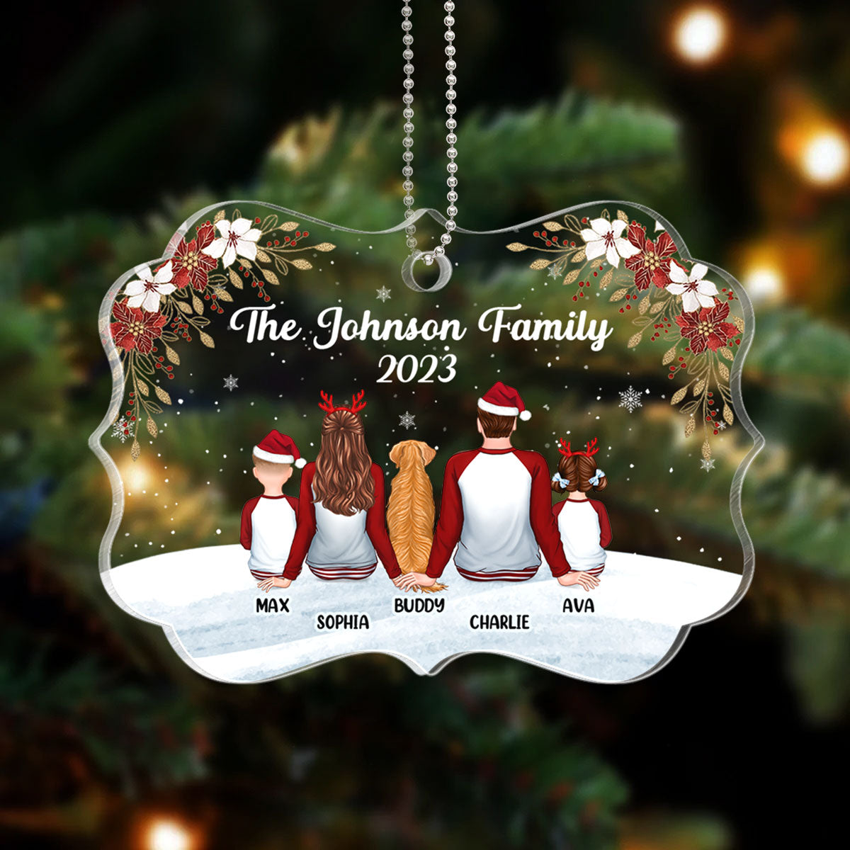 Family Pajamas Back View In Snow Poinsettia Personalized Acrylic Ornament