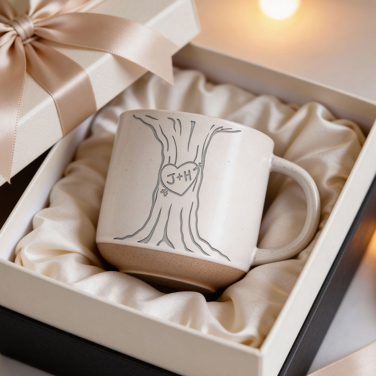 Couple Name Initials Engraved In A Heart Tree - Personalized Pottery Mug - Valentine's Day, Anniversary, Engagement Gift