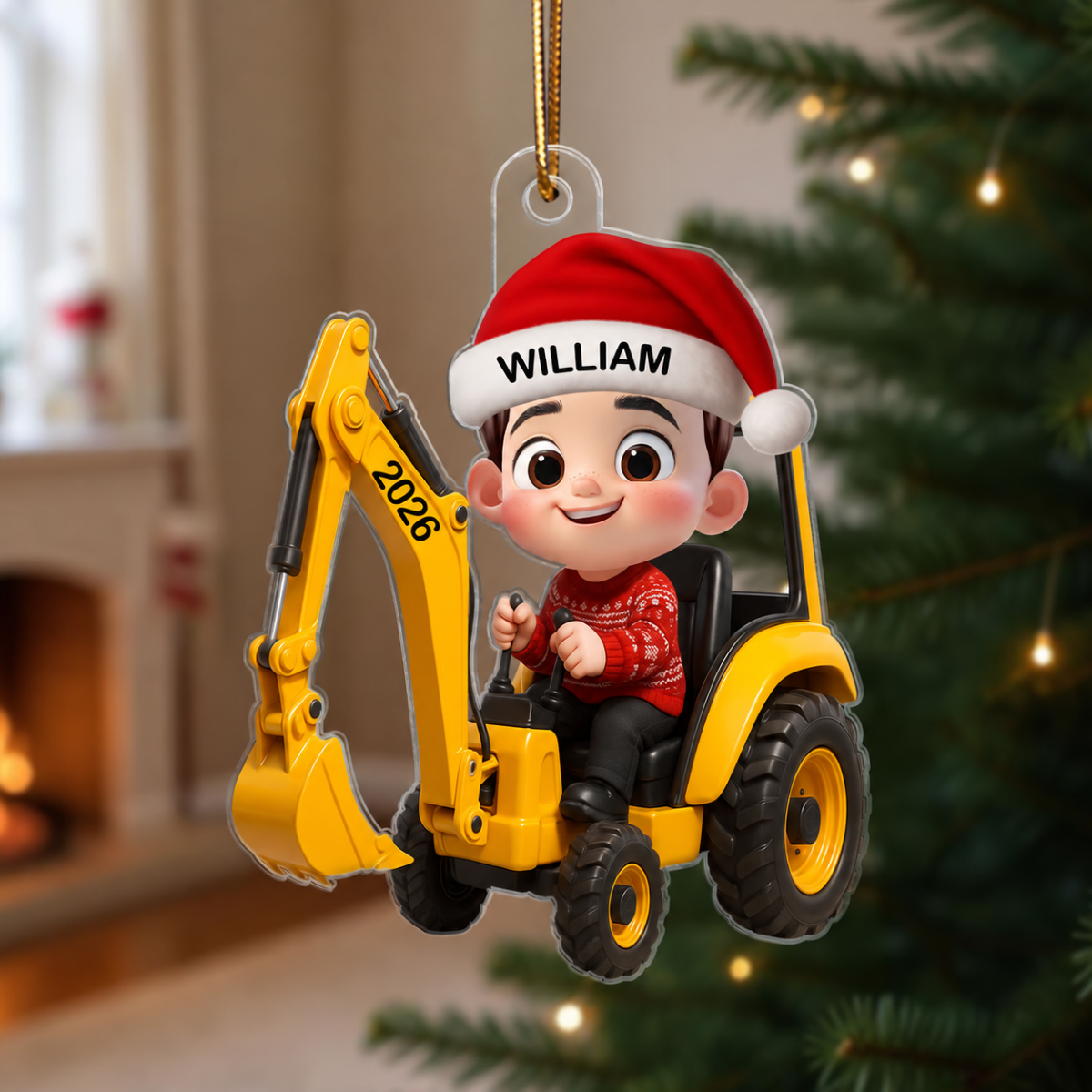 3D Effect Little Boy Kid With Construction Vehicle Excavator Backhoe Tractor Christmas Personalized Acrylic Ornament