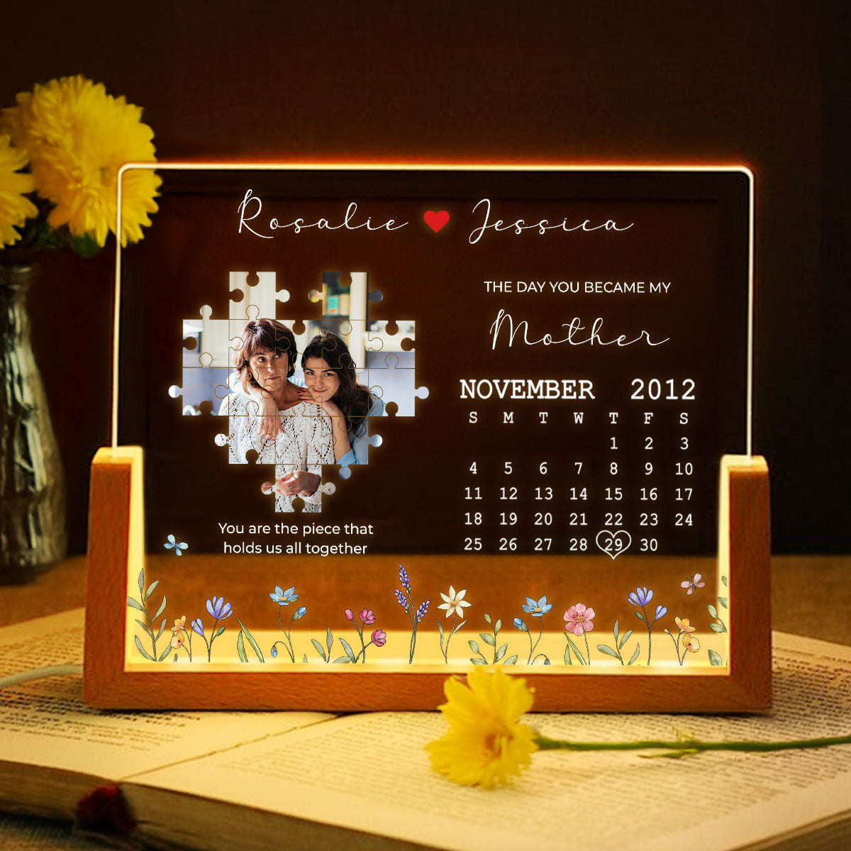 The Day You Became My Mommy, You Are the Piece that Holds Us All Together Personalized Photo Night Light Plaque, Mom Gift from Daughter, Gift