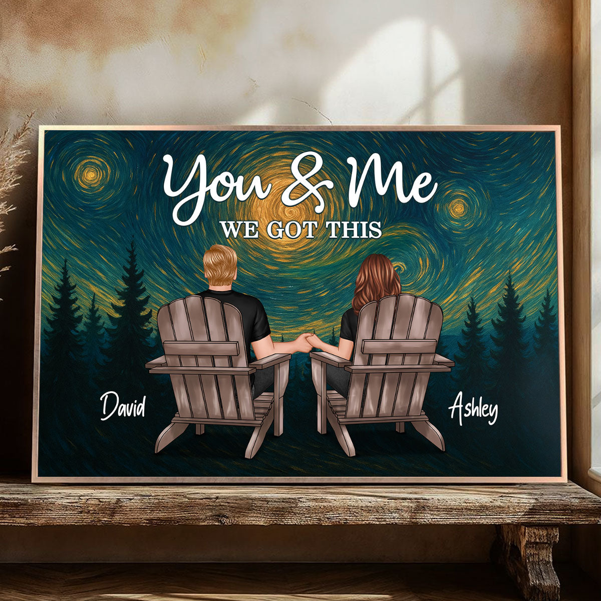 Couple Sitting Back View Night Sky Art Personalized Poster