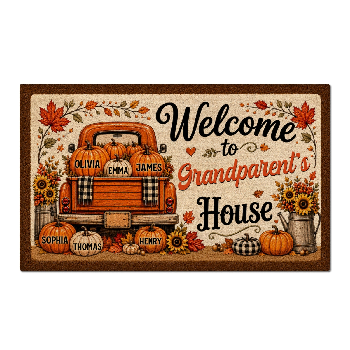 Floral Pumpkin Patch Truck Grandparent - Personalized Doormat - Fall Season Decor Gift, Gift For Grandma Grandpa