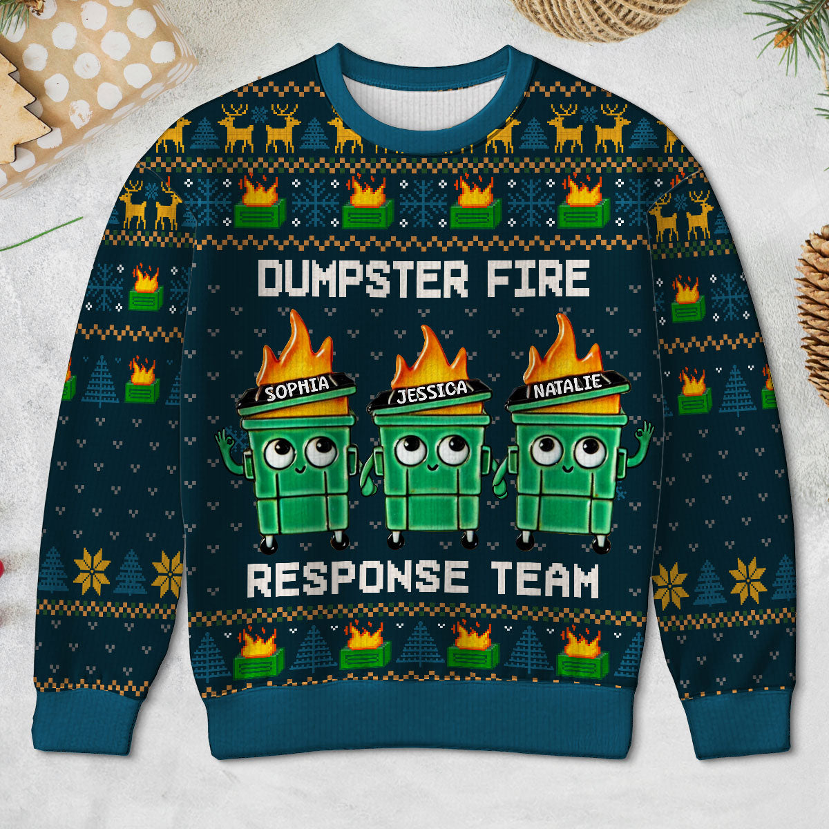 I'm Fine Everything Is Fine Dumpster Fire Funny Office Staff - Personalized Faux Knitting Ugly Sweater - Christmas Costume