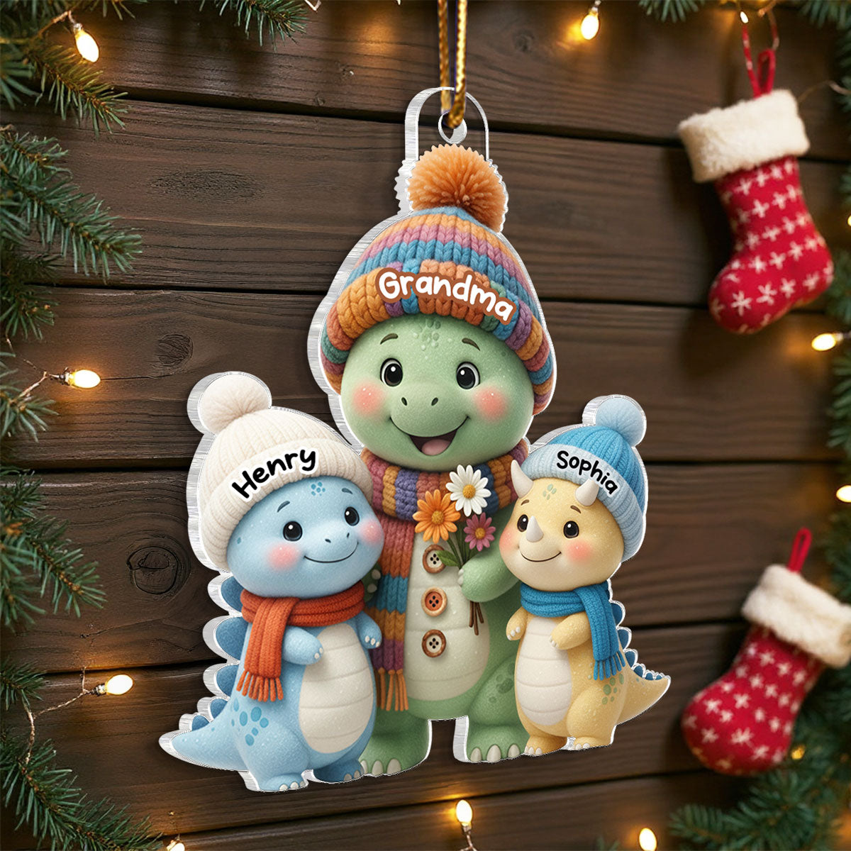 Cute Dinosaur Grandma & Grandkids - Personalized Acrylic Ornament - Christmas Gift for Grandma