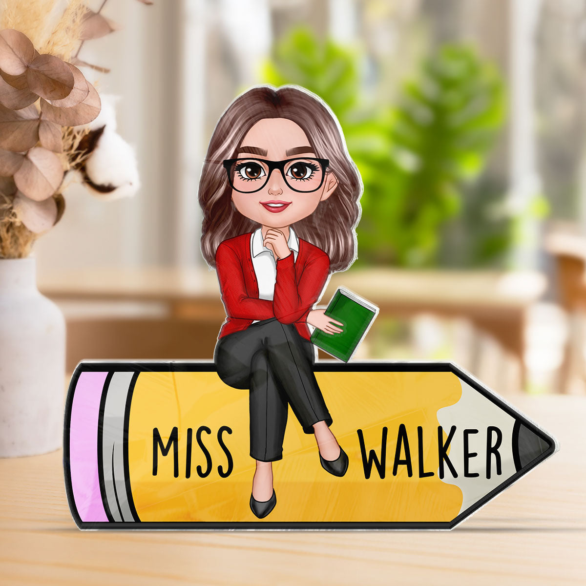 Doll Teacher Sitting On Pencil Personalized Acrylic Block Plaque