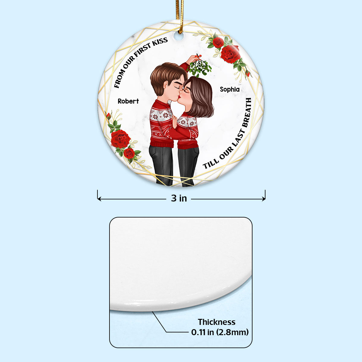 From Our First Kiss Couple Kissing Calendar Anniversary Keepsake Personalized Double Sided Circle Ornament