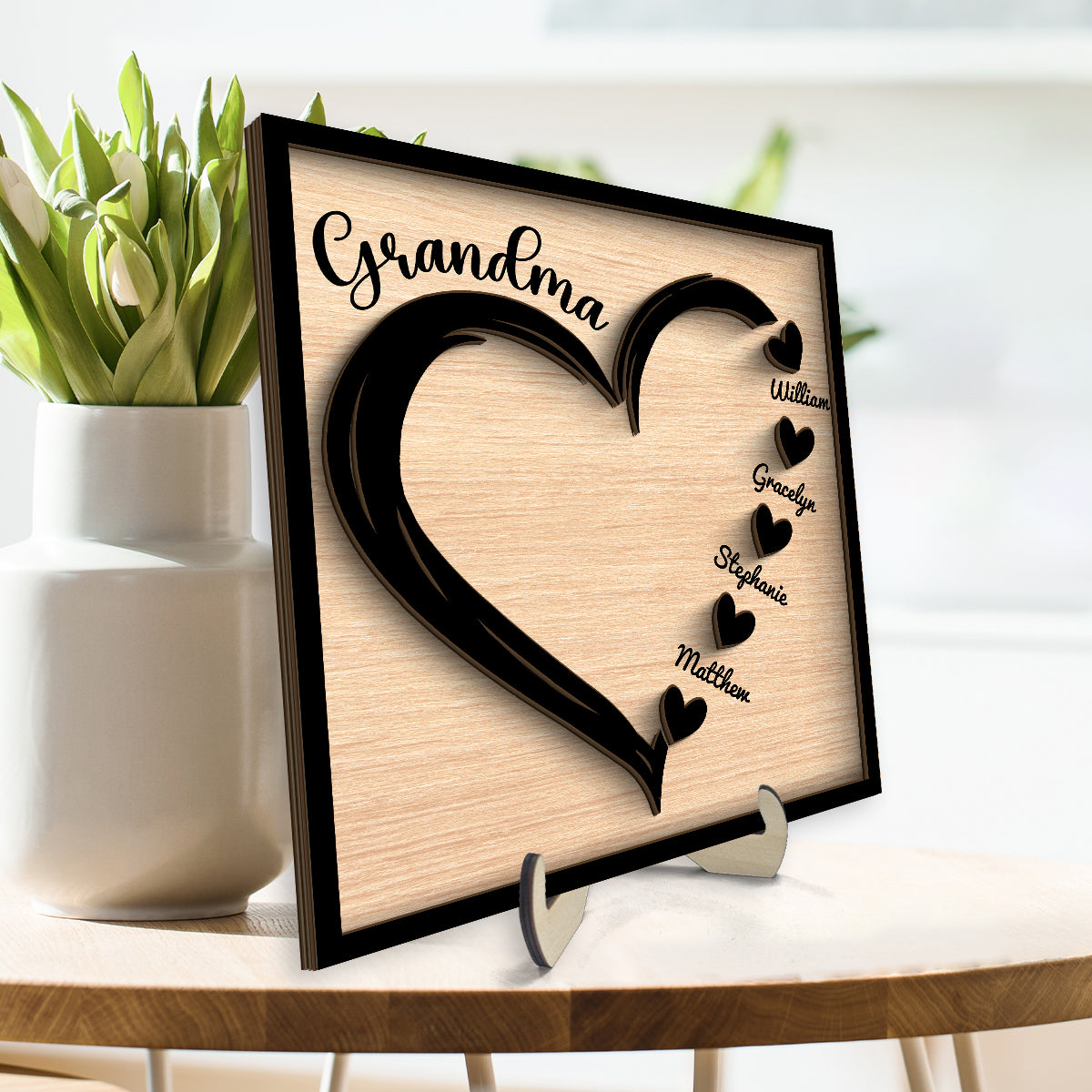 Grandma Mom Hearts With Kids Names Personalized 2-layer Wooden Plaque