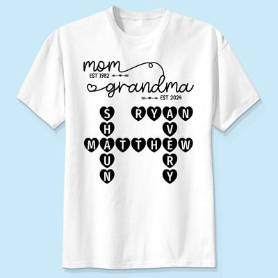 Mom Grandma Est. Swirl Crossword Puzzle Art Personalized Shirt