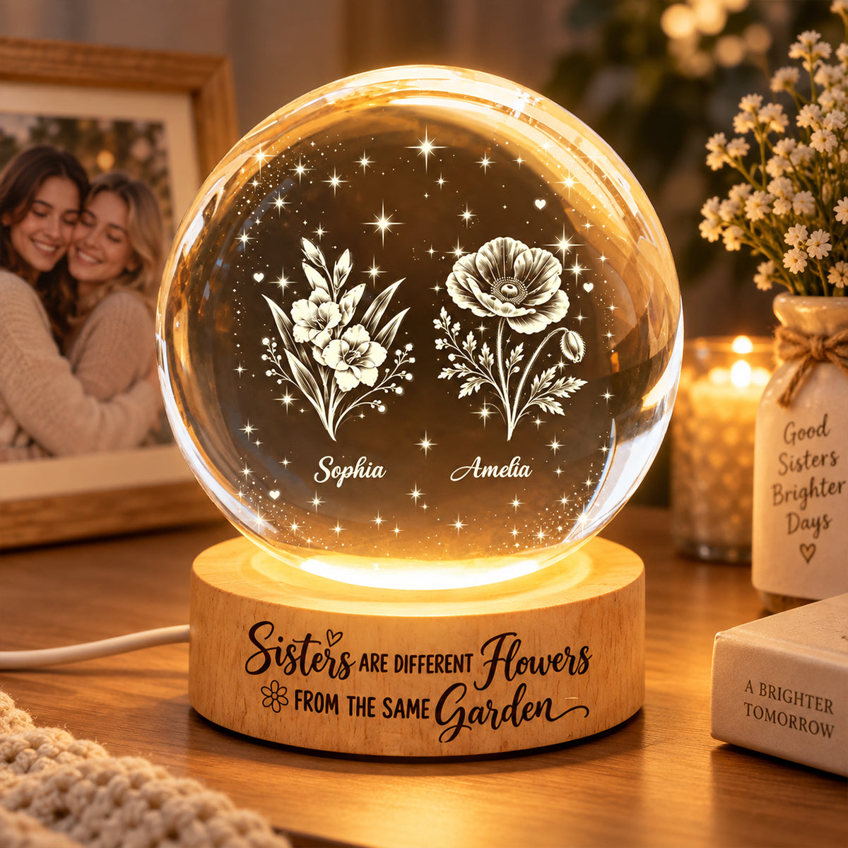 Sisters Are Different Flowers from the Same Garden - Personalized Crystal Ball LED Night Light - Christmas Gift for Sisters