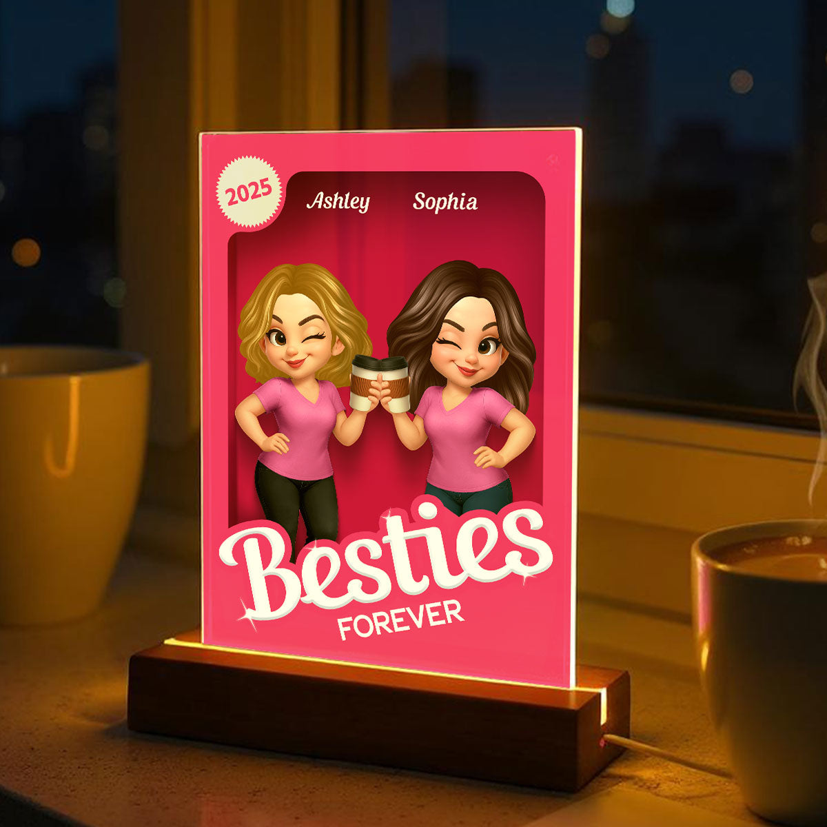 Besties Partner In Crime Pink 3D Effect Action Figure Personalized Acrylic LED Night Light