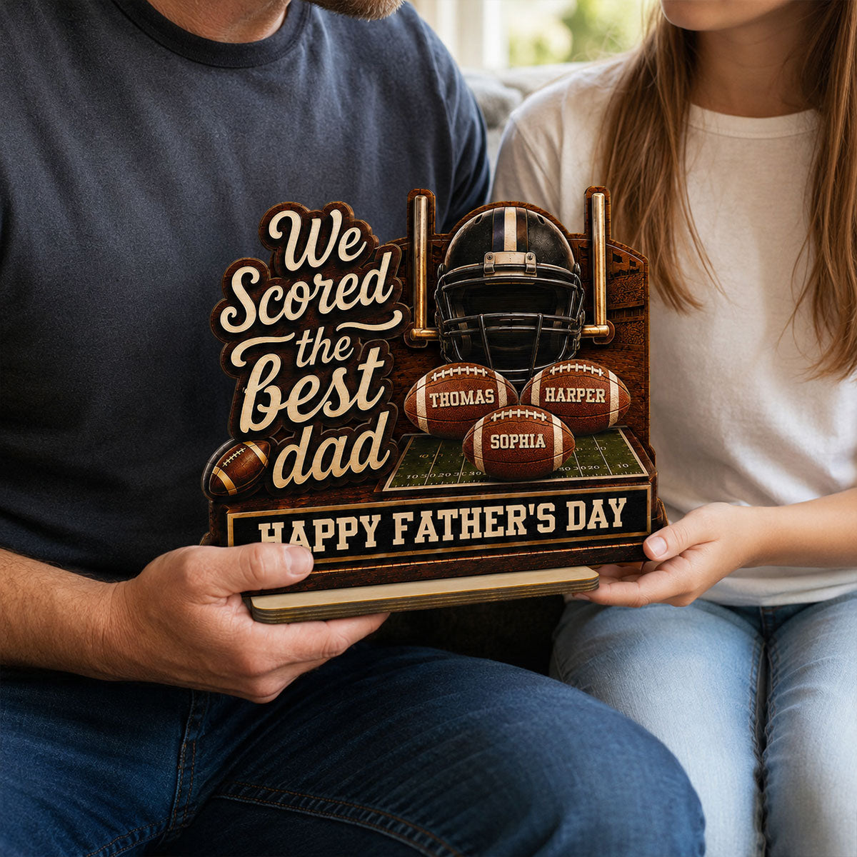 We Scored The Best American Football Dad Custom Name 2D Flat - Personalized 2-Layered Wooden Plaque - Father's Day Gift For Football Dad