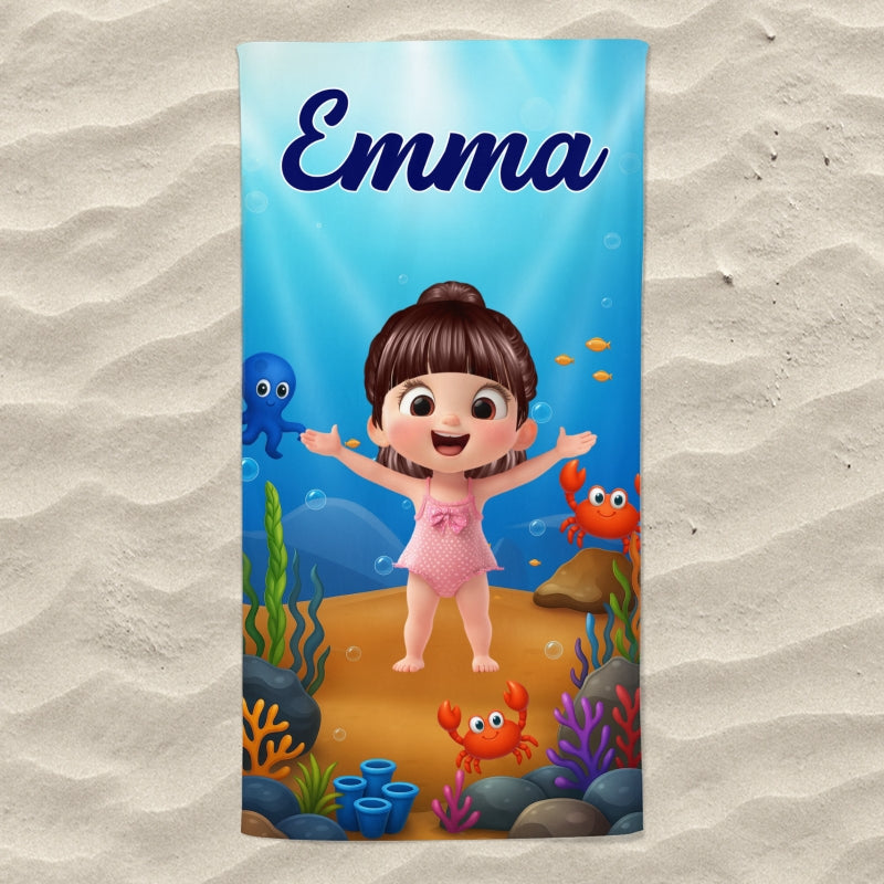 Personalized Cute Cartoon Kids Ocean Beach Towel, Fun Beach Designs, Gift For Girls Or Boys