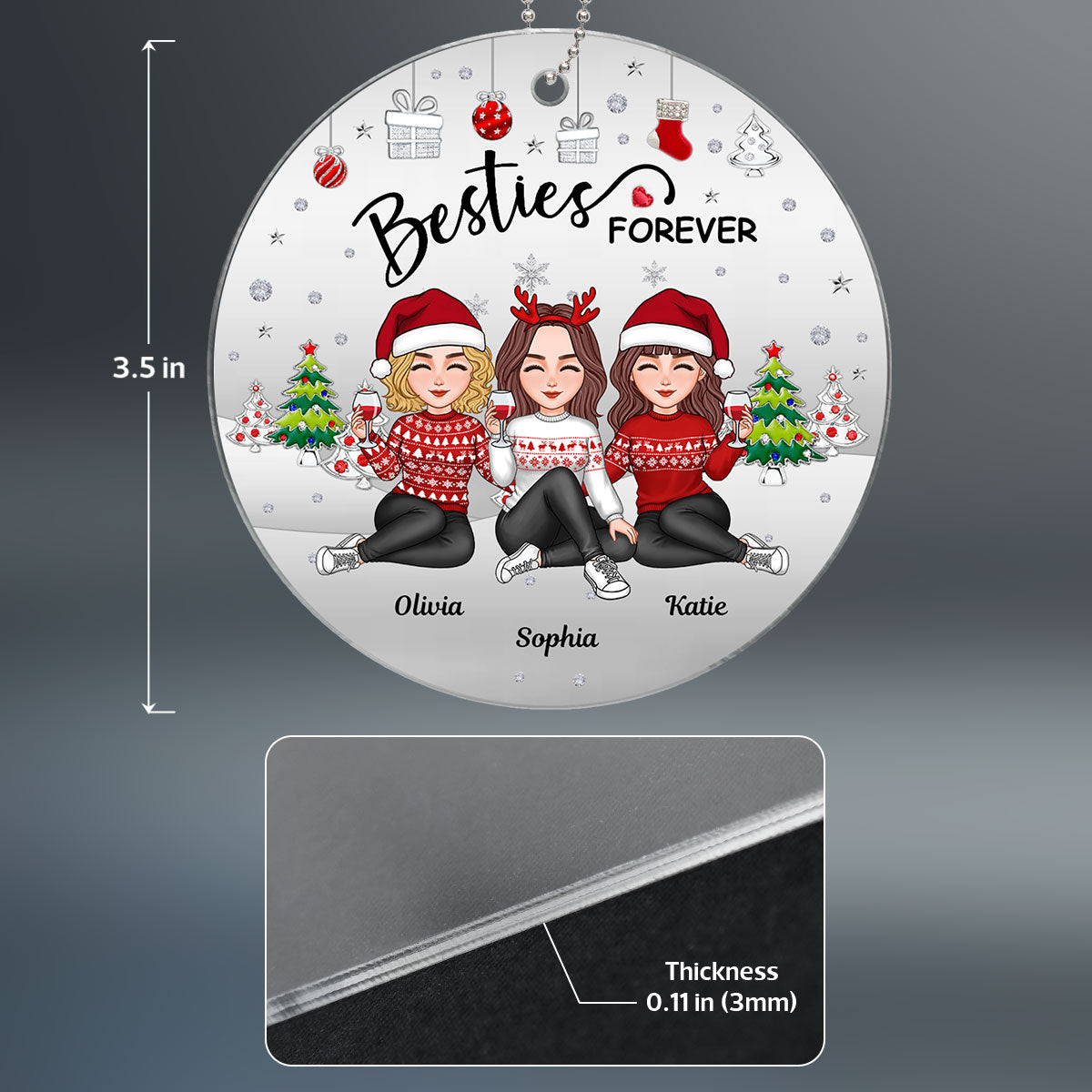 Metal Texture Besties Sisters Sitting Together Christmas Gift Personalized Acrylic Ornament